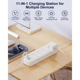 15FT Heavy Duty Extension Cord with Individual Switches on Off, 1875W Appliance Extension Cord with USB Ports, 8 outlets, High Wattage for Microwave, Aquarium, Kitchen, Garage Must Have