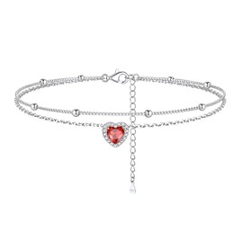 Silvora July Birthstone Anklet - Women's S925 Silver Dainty Layered 5mm Heart Anklet Bracelet Birthday Gifts for Women