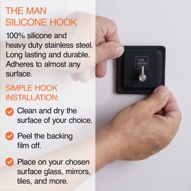 The Man Silicone Hook - Bathroom & Shower Storage Hook - Shower Toiletry, Bathroom Organizer Accessory - Heavy Duty Stainless Steel & Silicone - Strong Hold, Adheres to Most Surfaces (2 Pack)