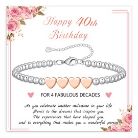 BMMYE 40th Birthday Gifts for Women,Silver Bead Bracelet with Rose Gold Heart Adjustable Sterling Silver Bracelet Birthday Gifts with Cards for Mum Daughter Sister Grandma