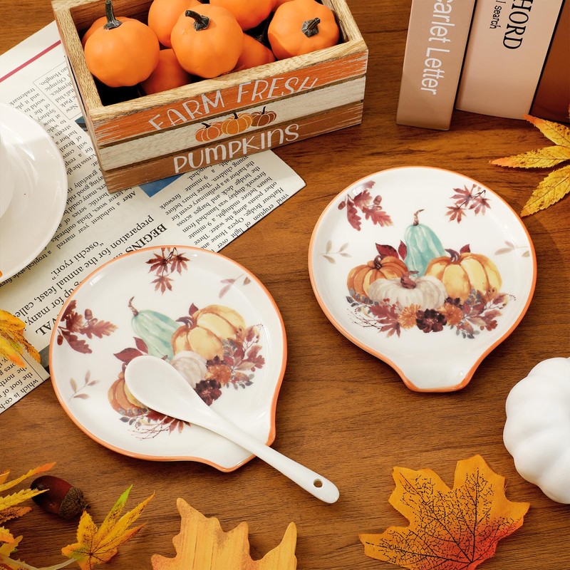 2 Pcs 4.7 Inch Fall Thanksgiving Ceramic Spoon Rest Autumn