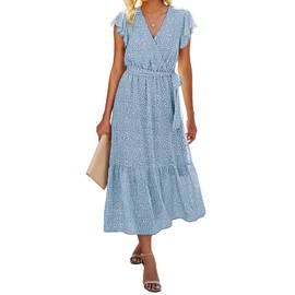 BTFBM Women Summer Bohemian Floral Casual Wrap V Neck Ruffle Cap Sleeveless Belt A-Line Pleated Hem Swing Midi Sun Dress (Light Blue, Medium)