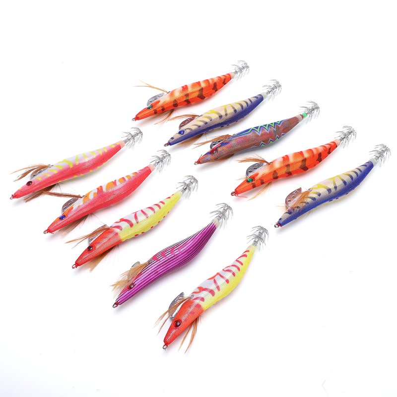 10Pcs Hard Bait Squid Jig Fishing Lure Octopus Wooden Shrimp