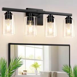 4-Light Bathroom Light Fixtures, 27" Modern Vanity Lights Over Mirror with Clear Glass Shades, Matte Black Wall Sconce, Classic Wall Light Fixture for Mirror Living Room Cabinet Bedroom Porch Kitchen