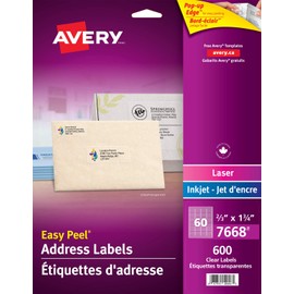 AVERY Clear Address Labels with Easy Peel for Laser/Inkjet Printers, 2/3" x 1-3/4", Glossy Clear, Rectangle, 600 Labels, Permanent (7668) Made in Canada