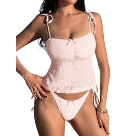 ZAFUL Tankini Swimsuits for Women Mesh Hollow-Out Tank Style Bow Knotted Decor Tie Side High Cut Tankini Set