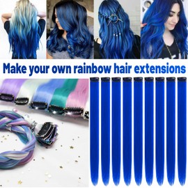 TOFAFA 22 inch Colored Hair Extensions, Colorful Party Highlights Hairpiece Clip in Long Straight Synthetic Hair Extensions for Christmas Girls Women Kids Cosplay Favor Gift(10 PCS Blue)