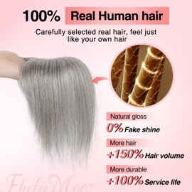 Flufymooz Real Human Hair Toppers for women, 10 Inch Clip in Bangs 100％ Human Hair Toppers for Thinning Hair, Cover Hair Topper Hair Pieces with 150% Density Silk Base-Grey