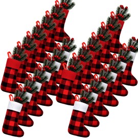 Skylety 24 Pcs Christmas Stockings in Bulk Plush Cuff Small Xmas Buffalo Plaid Stocking Rustic Fireplace Socks Traditional Stockings for Christmas Holiday Party Decor (Red Black,Classic)