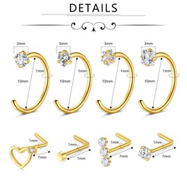 QSKISS 18 g Cubic Zircon Nose Ring L Shape Nose Piercing Stainless Steel Septum Piercing Tragus Piercing Lip Piercing Nose Stud for Women Men