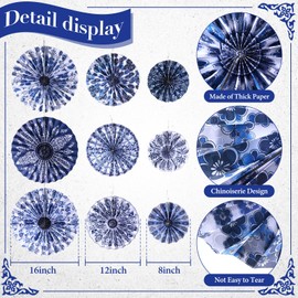 Dispowreath 9 Pcs Chinoiserie Hanging Paper Fans Decoration Christmas Ornaments Blue and White Porcelain Print Chinese Floral Fans for Wedding Birthday Baptism Classroom Bulletin Board Decor(Blue)