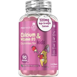 Kids Calcium & Vitamin D3 Gummies | 90 Count | High Strength 320mg Calcium & 800IU Vitamin D3 | Strawberry & Vanilla Flavor | Non-Tablet Format | Suitable for Ages 3-12