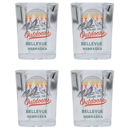 R and R Imports Bellevue Nebraska Explore the Outdoors Souvenir 2 Ounce Square Base Liquor Shot Glass 4-Pack