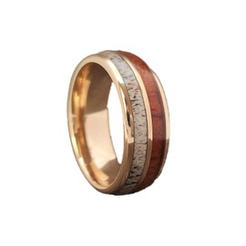 18K Rose Gold Deer Antler and Koa Wood Rings for Men Wedding Band Tungsten Rings with Wooden Inlay 8mm Elk Stag Rustic Anniversary Gifts for Him
