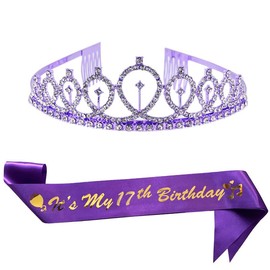 ALRBE TIN Birthday Crowns for Women It's My 17th Birthday Sash and Tiara Birthday Crown for Women Girls Birthday Party Favors Decorations Purple