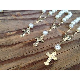 San Joaquin Creations 25 Pc Ivory Color Baptism Favors Gold Plated Accents Mini Rosaries Gold Plated Acrylic Beads/Recuerditos De Bautismo/Christening Favors/Decenarios/Decades/Finger Rosaries