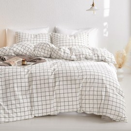 Wake In Cloud - Grid Cotton Duvet Cover Set, Plaid Checkered Geometric Farmhouse, 100% Washed Cotton Textured Percale Bedding Set, 3 Pieces, White, Twin Size