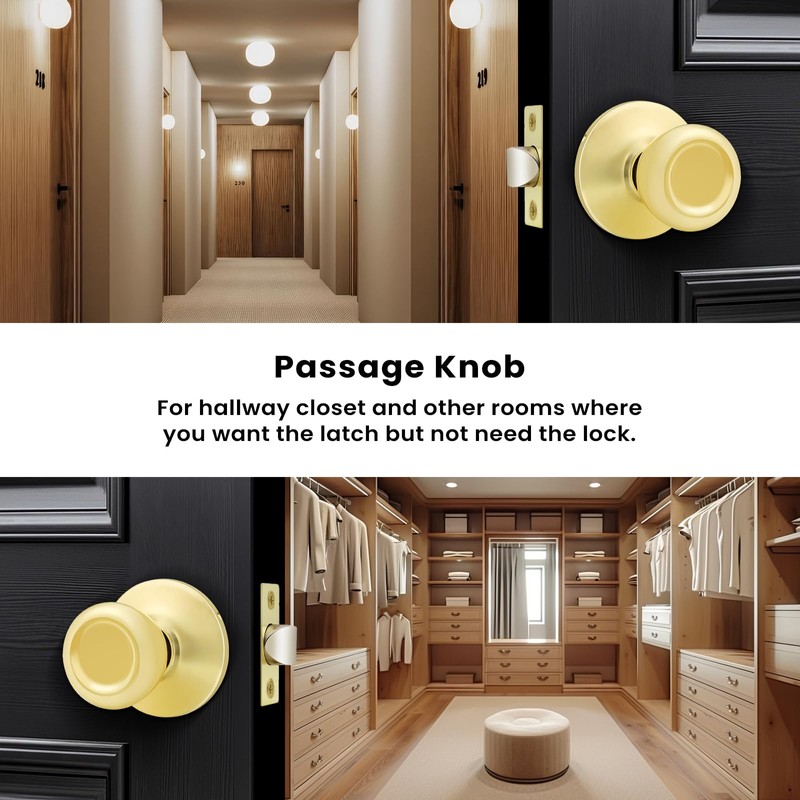 GOBEKOR 3 Pack Keyless Passage Door Knobs Closet Polished Brass
