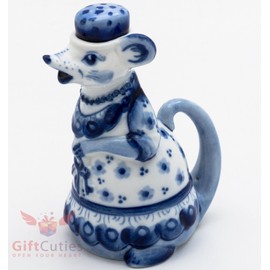 Porcelain Gzhel teapot of Mouse Mice handmade in Russia