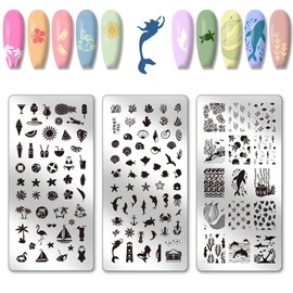 PH PandaHall 3pcs Summer Ocean Nail Stamping Plate, Marine Animals Art Templates Ocean Sea Beach Nail Art Stencils Stainless Steel Image Plates for Women Print Manicures Salon Design Supplies