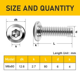 Valorada 20Pcs M6 x 80mm Flat Head Hex Socket Screws, 304 Stainless Steel Furniture Bolt, Full Thread Machine Screw with Hex Key