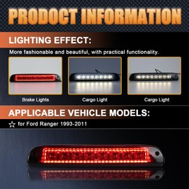 ZDEERAOTO Smoked Lens LED 3rd Third Brake Light Replacement for 1999-2016 Ford F250 F350 F450 F550 Super Duty, 1993-2011 for Ford Ranger High Mount Rear Cab Brake Lights Assembly,Roof Cargo Light