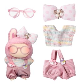 MLPKOI 4 Pcs Doll Clothes for 17cm Plush Doll, Clothes Accessories, Includes Overalls, Clothing, Glasses Birthday Holiday Present for Girls Kids