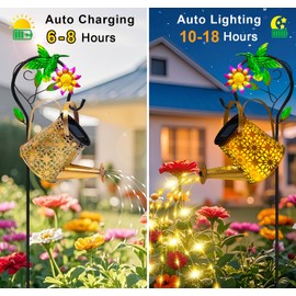 Solar Metal Watering Can with Hummingbird Shepherd Hook and Cascading Lights, Outdoor Solar Lantern for Garden, Yard, Patio Decor and Gardening Gifts for Women Mother's Day