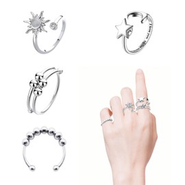 ATCEME 4PCS Anxiety Ring For Women Fidget Rings Adjustable Stainless Steel Relief Fidget Spinner Ring Sun Moon Star Bead Rotatable Fidget Rings for Anxiety (Silver)