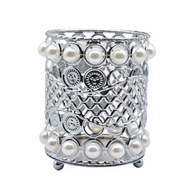 Gullor Handcrafted Pearls Makeup Brush Holder Organizer Eyebrow Comb Brushes Pen Pencil Cosmetic Storage Box for Vanity, Bathroom, Bedroom, Office Desk, Silver