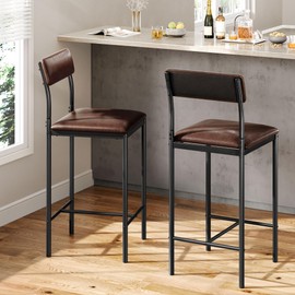 DWVO Bar Stools Set of 2 Bar Chair with Back Kitchen Island Stools with Footrest 26.18" Breakfast Bar Stools with Thick Cushion Upholstered Counter Height Barstools for Dining Room Kitchen Bar Brown