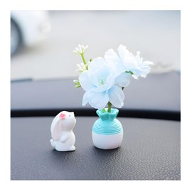 FALVFUN Car Rearview Mirror Dashboard Ornaments, 2PCS Cute Funny Mini Bunny and Peach Blossom in Flower Vase Decorations, Auto Interior Accessories for Women Girls, Universal Fit (Blue/Blue)
