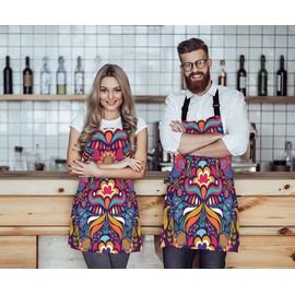 Moslion Vintage Colorful Flower Apron,Paisley Floral Pattern Bright Red Blue Yellow Apron,Adjustable Neck Bib Apron for Men Women,Suitable for Kitchen Cooking Waitress Chef Apron