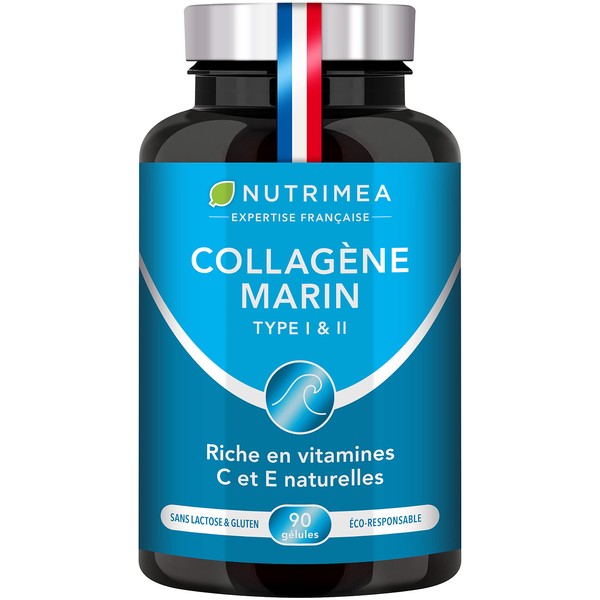 Marine Collagen - Type 1 & 2 Patented Pure and Natural - Vegetable Vitamins A, C & E - Nutrimea - Skin Hydration - Protects Bone and Joints - 900mg - 90 Capsules - Made in France