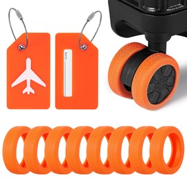 2 Pcs Silicone Luggage Tag for Suitcases with Stainless Loop, 8 Pcs Luggage Wheel Covers, Wear-Resistant, Anti-Noise, Silicone Luggage Wheel Protective Covers for 2-2.4" Spinner Wheel. (Orange)
