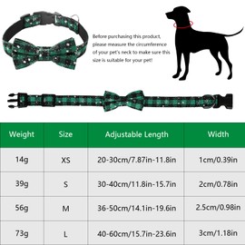 Christmas Collar, Cat Dog Collars with Removable Bow, Adjustable Collar, Christmas Snowflakes Tartan Collar for Cats, Small, Medium and Large Dogs (Green-XS)