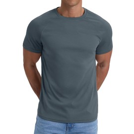 PrinStory Gym Tshirts Men Quick Dry Short Sleeve Sport T-Shirts Breathable Moisture Wicking Athletic Running Tops Mens Workout Tee (Dark Grey,L)