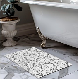 COTTON CRAFT Bath Tub Mat - Sculpted Damask Terry Jacquard Step Out Floor Mat - Heavyweight 1100 GSM Low Lint Absorbent Luxury Bathroom Mat - Hotel Spa Shower Rug -Not a Bathroom Rug - 21 x 34 - Black