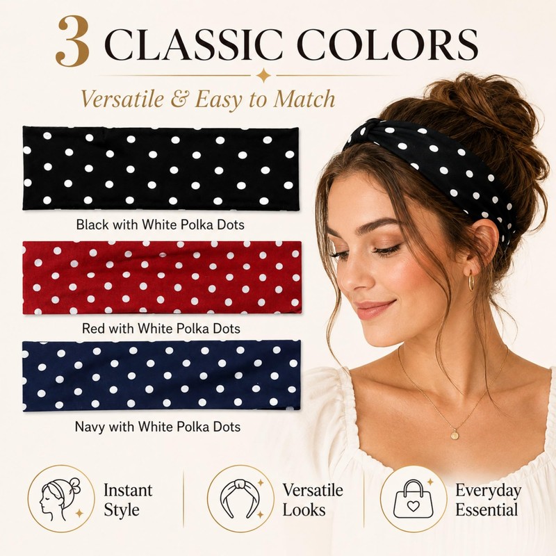3 Pack Polka Dot Headbands for Women, 2 Inch Wide