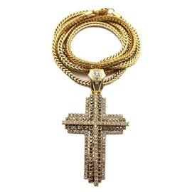 NYFASHION101 Iced Out Layered Cross Pendant Necklace with 4mm 36" Franco Chain Necklace, Gold-Tone/Hematite-Tone