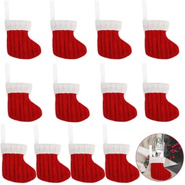 KIMOBER 12 Pcs Mini Knit Christmas Stockings,4 Inch Small Red Knitted Hanging Stocking for Fireplace Christmas Tree Decoration（Red Knit）