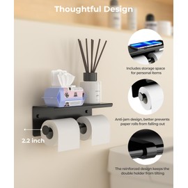 FreshGlow Double Toilet Paper Holder with Shelf, Wall Mount Tissue Roll Holder for Bathroom, 304 Stainless Steel Commercial Toilet Paper Dispenser with Phone Shelf, Matte Black