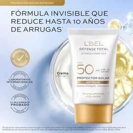 L'BEL Défense Total Protector Solar Facial Antiedad FPS 50 30 ml, Protector Facial con Ácido Hialurónico y Colágeno, Ayuda a Reducir Líneas de Expresión y Fotoenvejecimiento