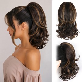 ZQIAN BEAUTY Coletas Con Clip Para Mujer: Extensión De Cola De Caballo Rizada De 35 Cm, Extensiones De Cabello Ondulado, Extensiones De Cabello Sintético, Coleta Con Clip (Color: Castaño Oscuro Con Re