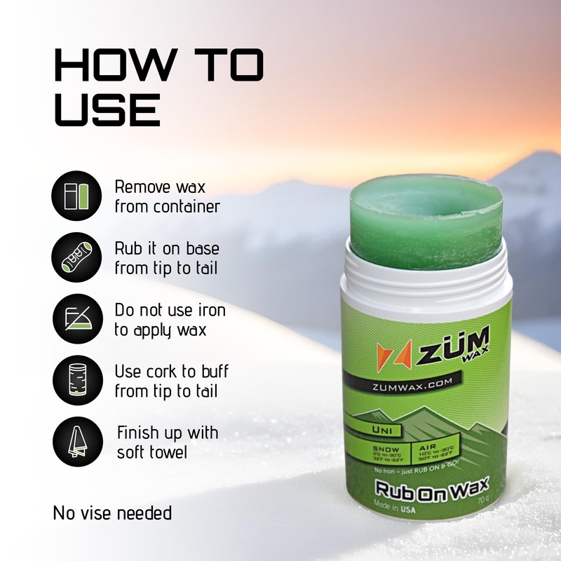 ZUMWax Rub-On Ski/Snowboard/Nordic/Cross-Country Wax 70g, UNIVERSAL, Easy cork applicator, long-lasting