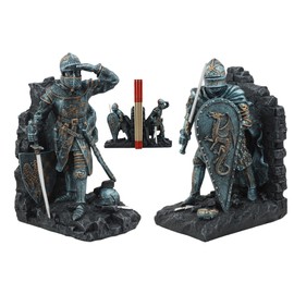 Ebros Medieval Dragon Heraldry Knight Bookends Statue 8" Tall Set Suit of Armor Swordsman Warrior with Heraldry Shield Renaissance Age of Kings Decorative Bookends Sculpture