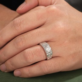 SweetJew Lab Created Moissanite Stone Rings For Men Anniversary Wedding Band Patterned 925 Sterling Silver Engagement Ring 1.5cttw Round Cut D Color VVS1 Size 7-14, Stone, Moissanite