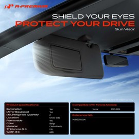 A-Premium Driver Left Side Sun Visor Compatible with Toyota Venza 2009 2010 2011 2012 2013 2014 2015 2016 - with Vanity Mirror, with Vanity Light, Beige Color - Replaces 74320-0T022-A1, 743200T022A1