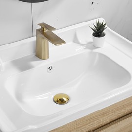 WOMAO Gold Sink Drain Fitting, Pop-Up Drain Valve with Overflow and Strainer Basket, Drain Valve Drain Fitting Made of Brass