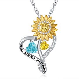 You Are My Sunshine Necklace Sterling Silver Sunflower Necklace for Women Aquamarine Citrine March November Birthstone Sunflower Pendant Jewelry Mother's Day Gifts for Women